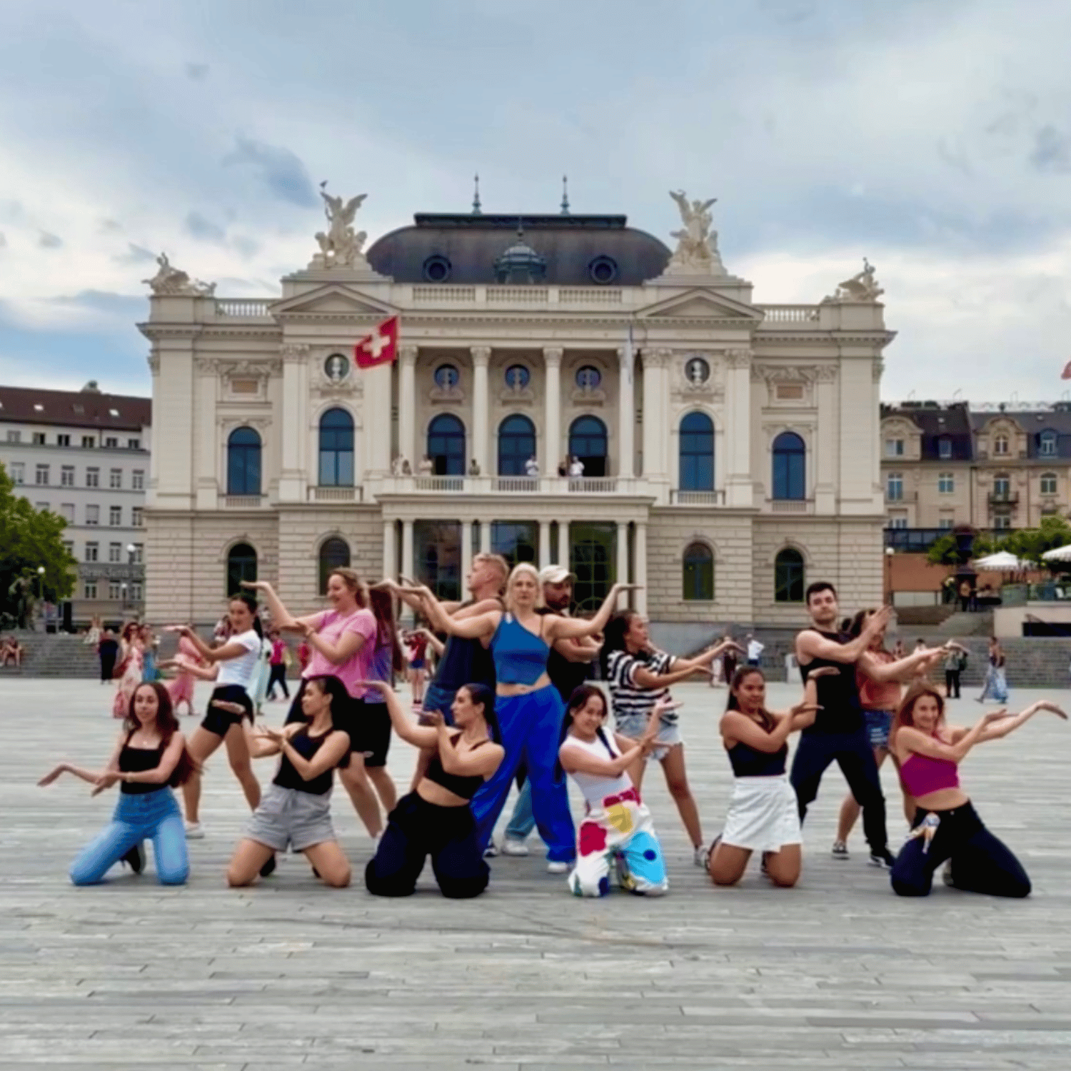 Promotional poster for The Vibe Dance Studio flashmob project, inviting participants to join a beginner-friendly community dance performance in Zurich.