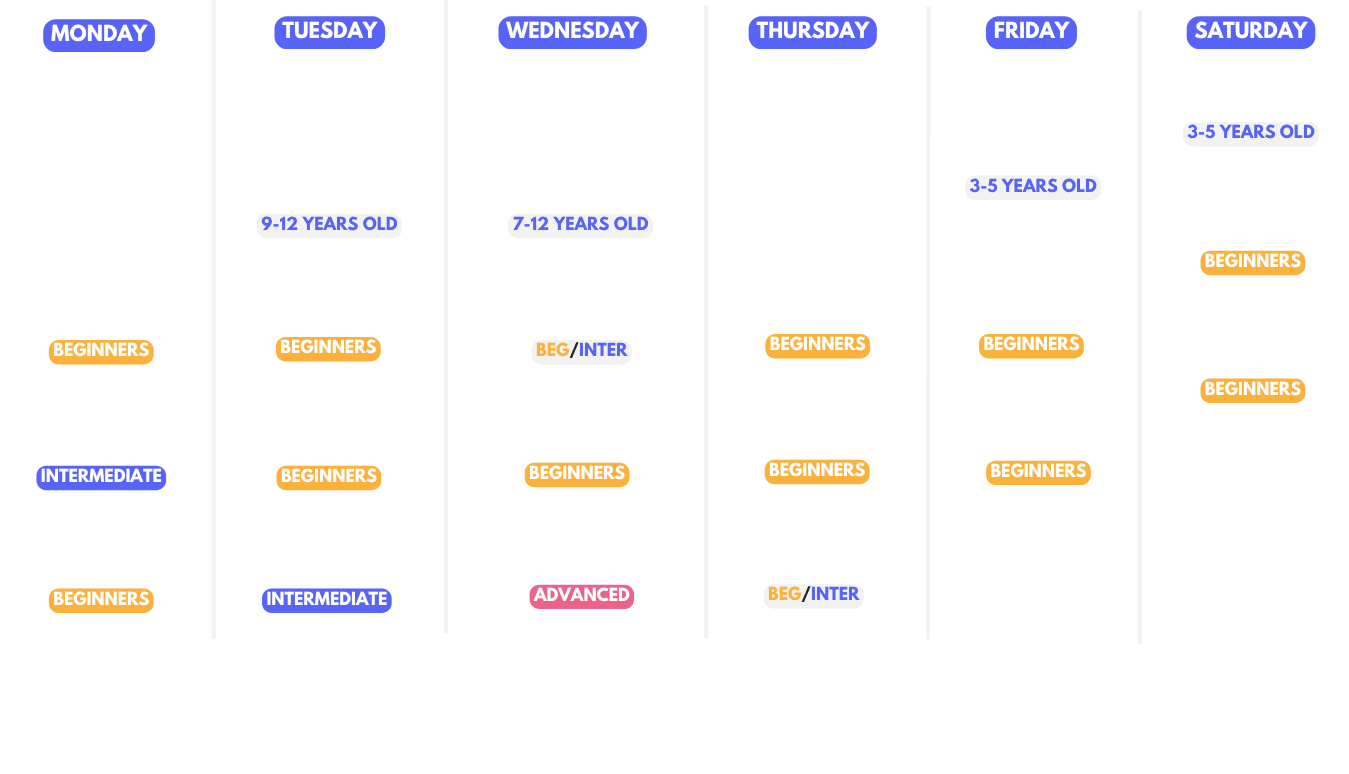 Detailed preview of the class schedule, featuring existing and upcoming dance classes.