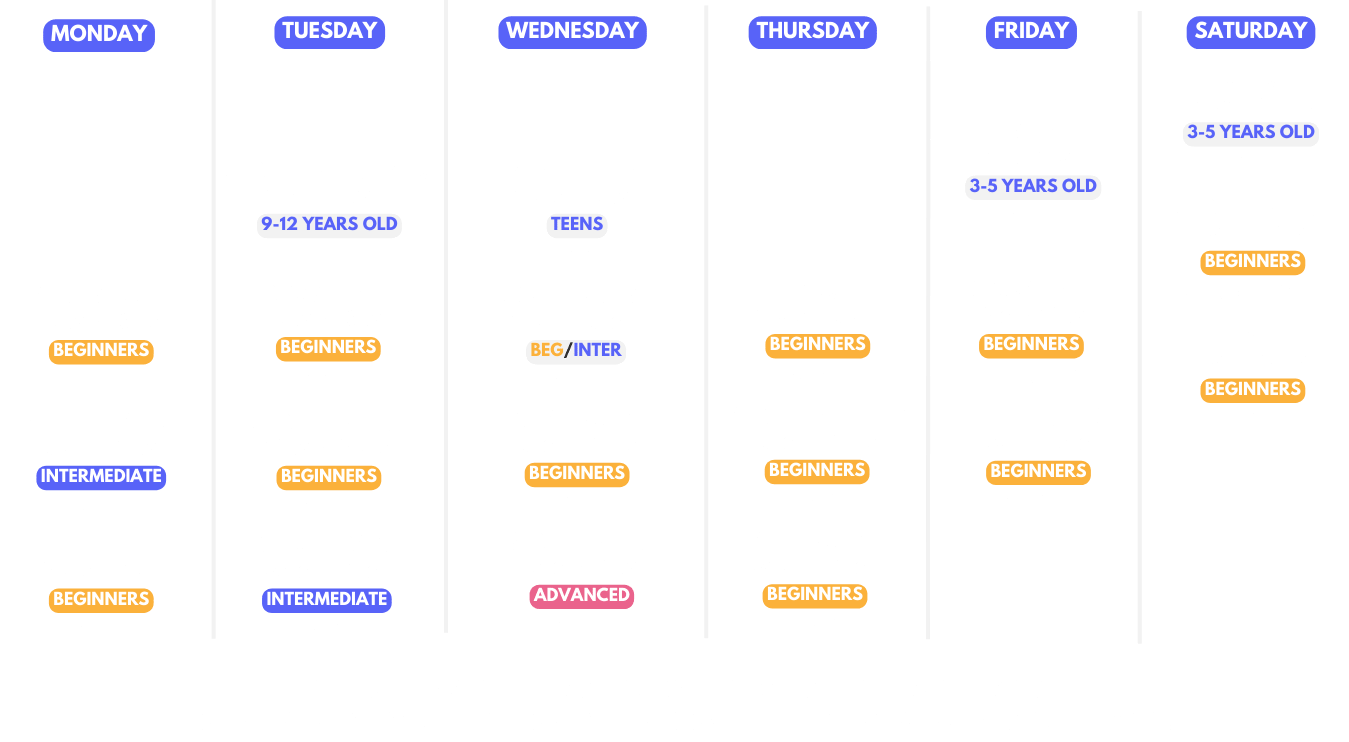 Detailed preview of the class schedule, featuring existing and upcoming dance classes.