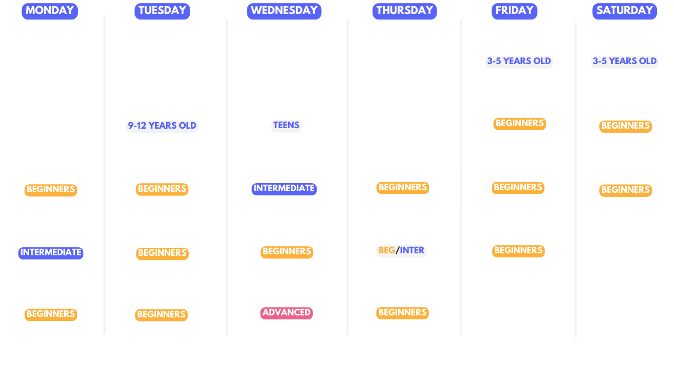 Detailed preview of the class schedule, featuring existing and upcoming dance classes.