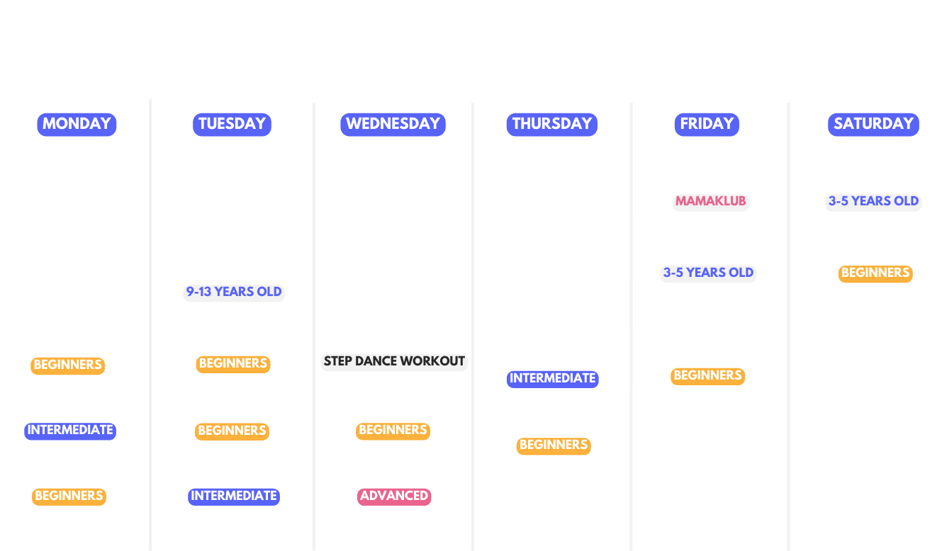 Detailed preview of the class schedule, featuring existing and upcoming dance classes.