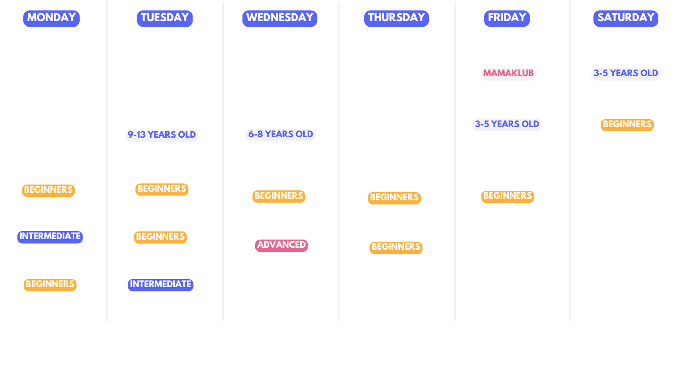 Detailed preview of the class schedule, featuring existing and upcoming dance classes.